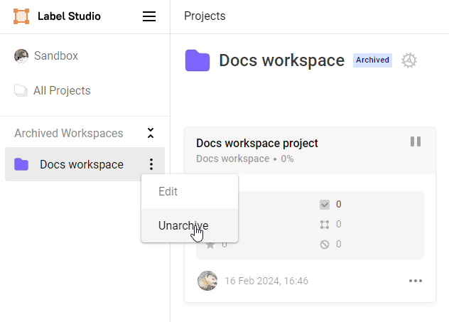 Screenshot of archived workspace options